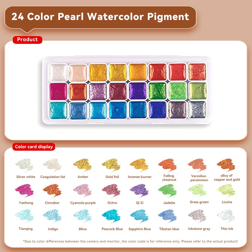 Metallic Pearlescent 20/24 Colors Solid Watercolor Paint Set with Portable Box Glitter Watercolor Pigments for Painting Writing