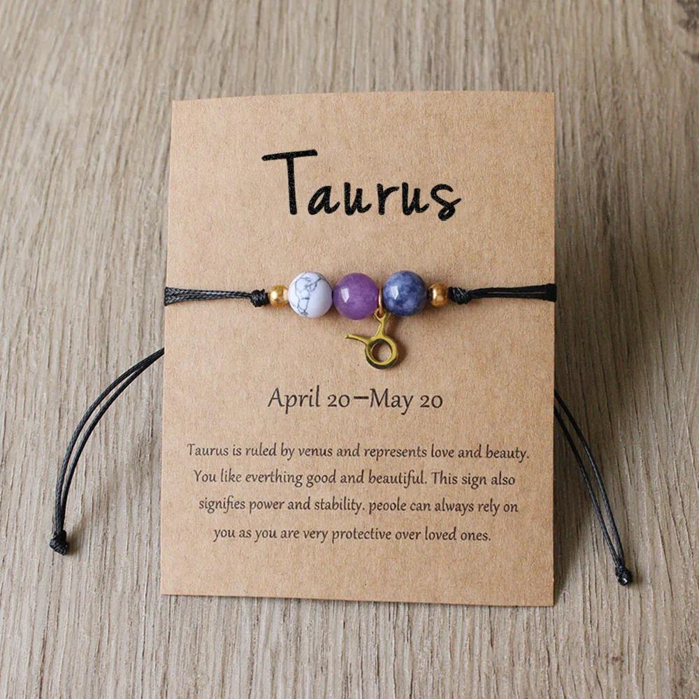 

Minimalist 12 Zodiac Natural Stone Bracelet Handmade Braided Card Paper Wristband for Women Men