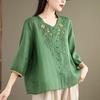Vintage Hemden Sommer Stickerei Blumenbluse Damen Lässig 3/4 Ärmel Arbeit Blusen Locker Hemd Knöpfe Oberteile