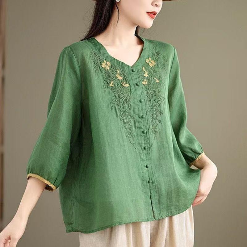 Vintage Hemden Sommer Stickerei Blumenbluse Damen Lässig 3/4 Ärmel Arbeit Blusen Locker Hemd Knöpfe Oberteile