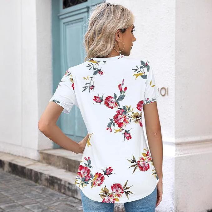 Sommer O-hals Hvit Kortermet Dame Rund Hals Blomsterprint Casual Mote Løs T-skjorte Topper