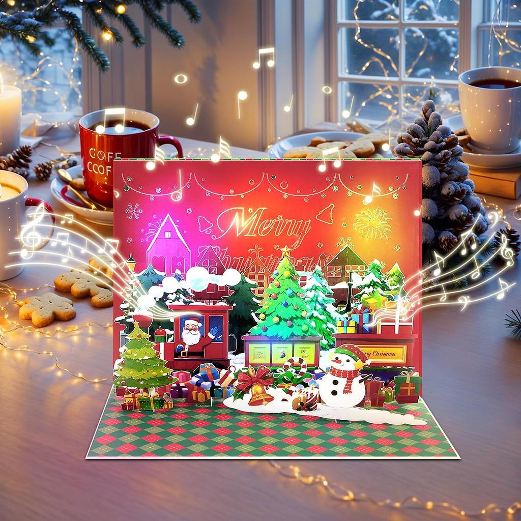Train Christmas Card With Lights & Music, 3D Pop Up Christmas Tree Cards, Includes Envelope.