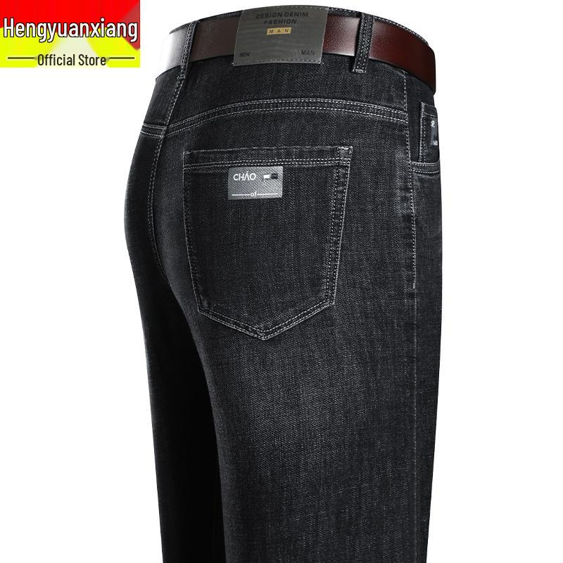 Hengyuanxiang Herren Schwarze Elastische Straight-Leg Jeans - Trendige, Waschbare und Strapazierfähige Freizeithosen für Herbst und Winter.