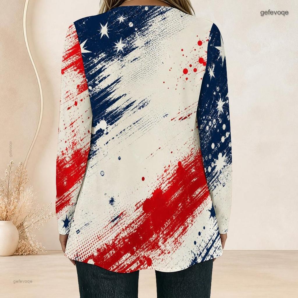 Women Plus Size Square Neck Long Sleeve T Shirt Vintage American Flag Star Stripe Print Double Layer Front Top