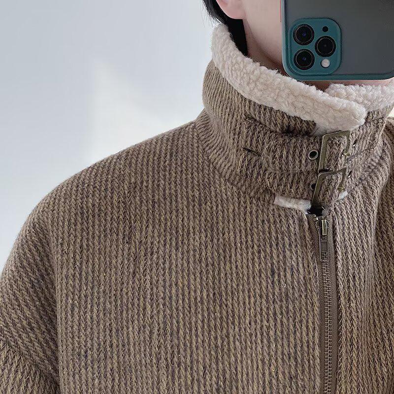 Herren Lammwolle Winterjacke, Samtgefütterter Wollmantel, Retro Amerikanischer Stil, Warme Streetwear Cool Reversjacke.