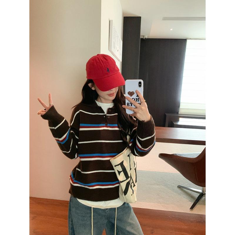 Vintage Polo-Kragen gestreifter langärmeliger Strickpullover Herbst locker altersreduzierend Oberbekleidung Unterziehpullover Damen