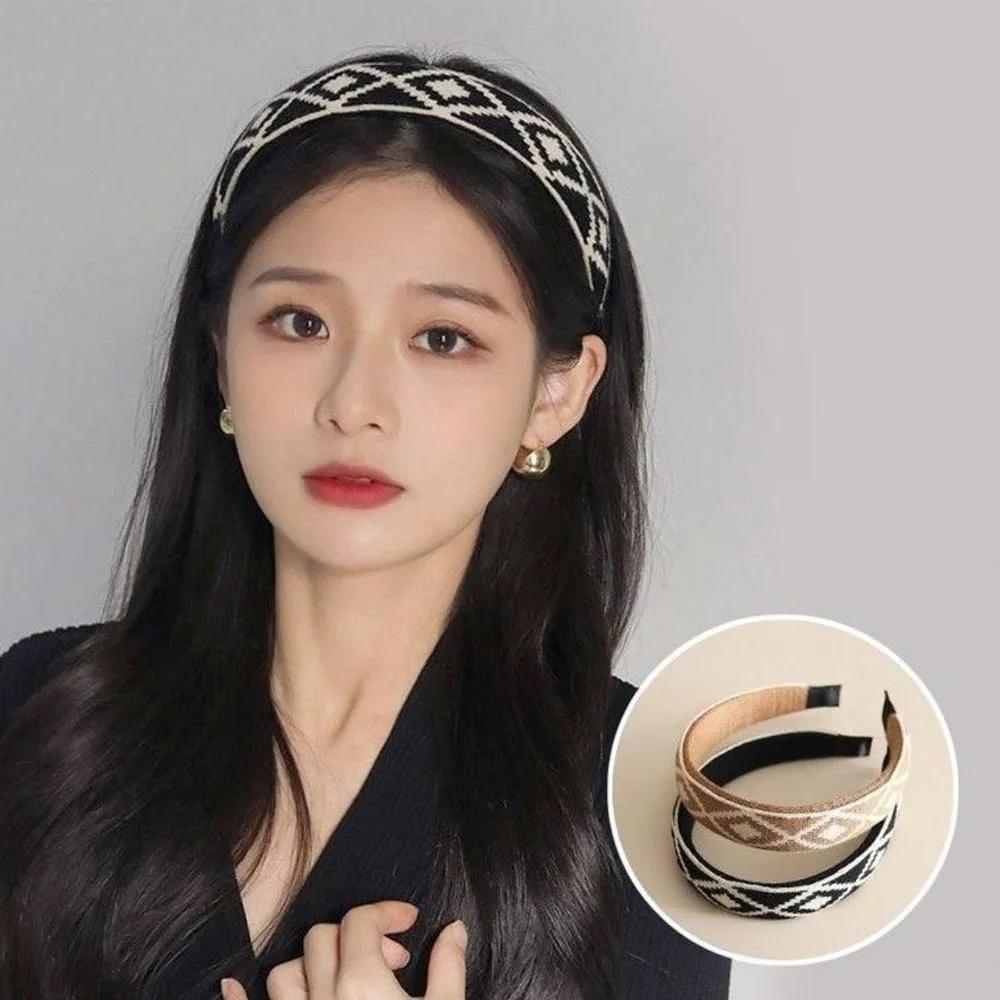 Diamond pattern knit bangs fixing headband hairband comfortable wide ear-friendly pretty 20s beige