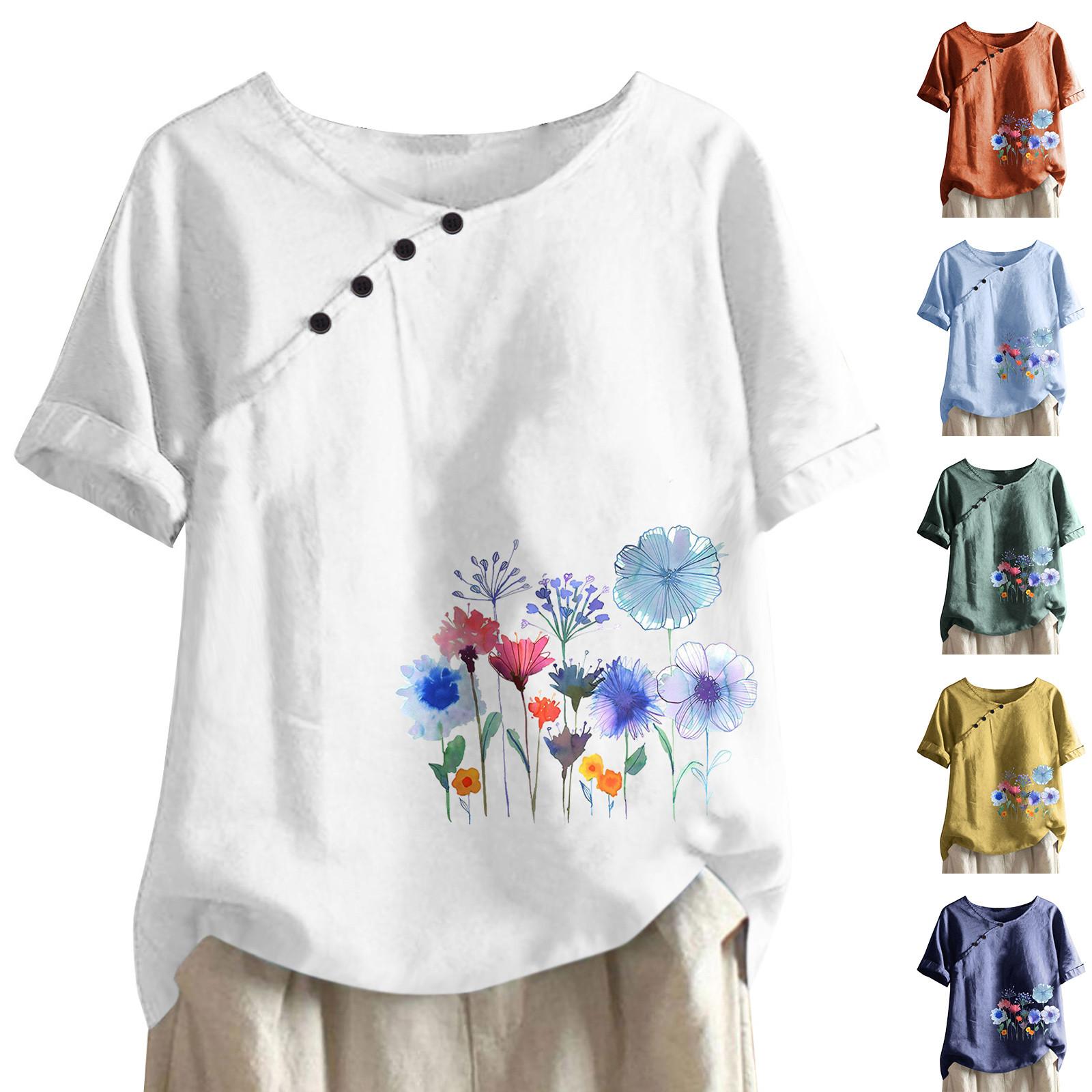 

Рубашки для женщин, повседневные летние топы большого размера из хлопка и льна с круглым вырезом и короткими рукавами, с принтом на пуговицах