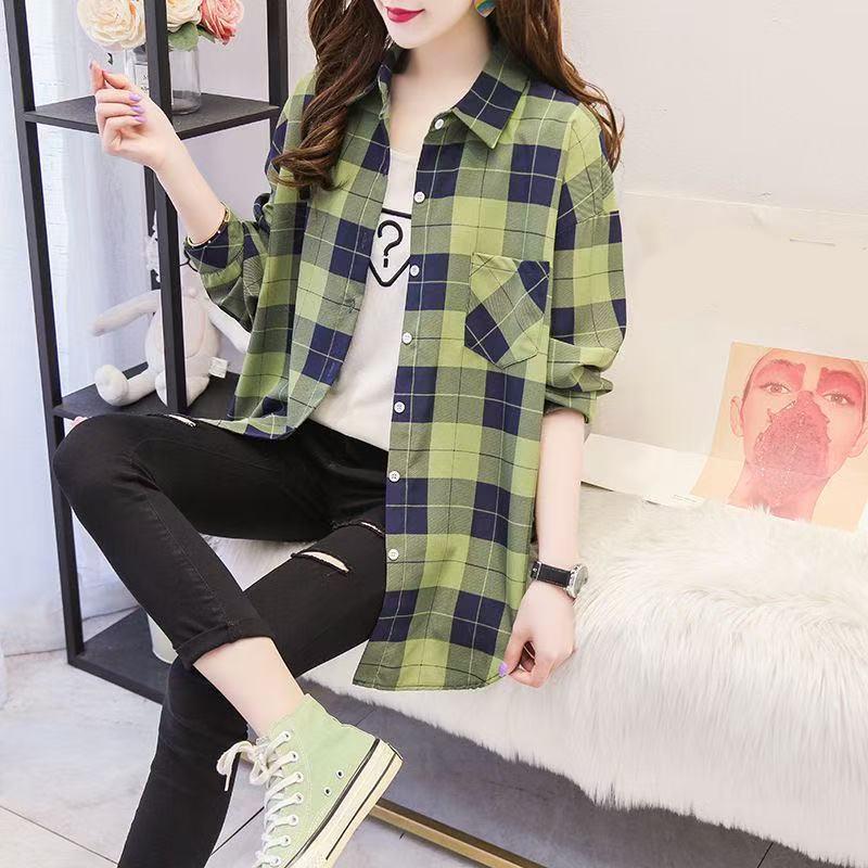 Spring and Autumn Lapel Button Plaid Shirt Women's Mid-length Sunscreen Jacket