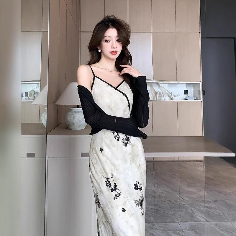 Authentic Chinese-Style Satin Camisole Dress: National Print, Bias Cut, High Waist, Slimming, Long-Tempered Fit