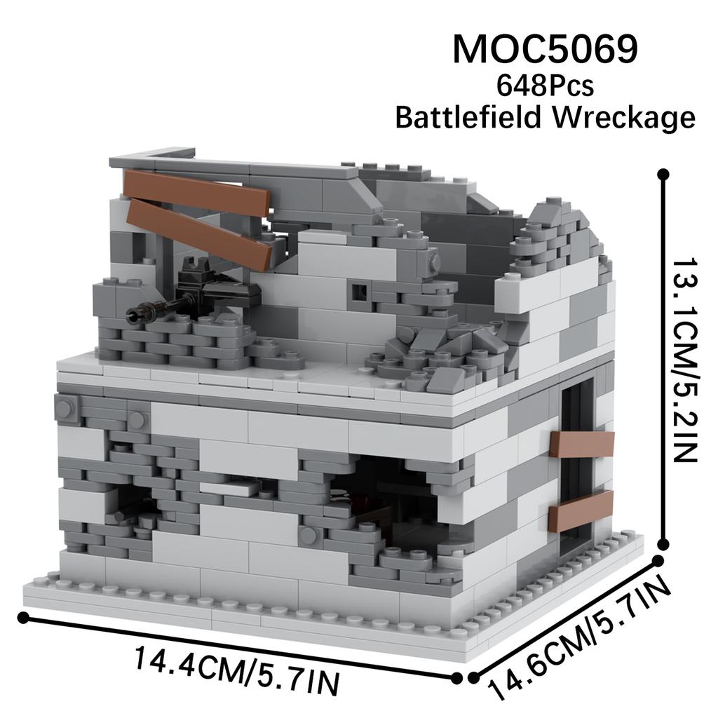 WW2 MOC Ruins Building Blocks Destroyed House War Scene Gunfight Guard Abandoned Construction Bricks Assemble Toys Boys Gift