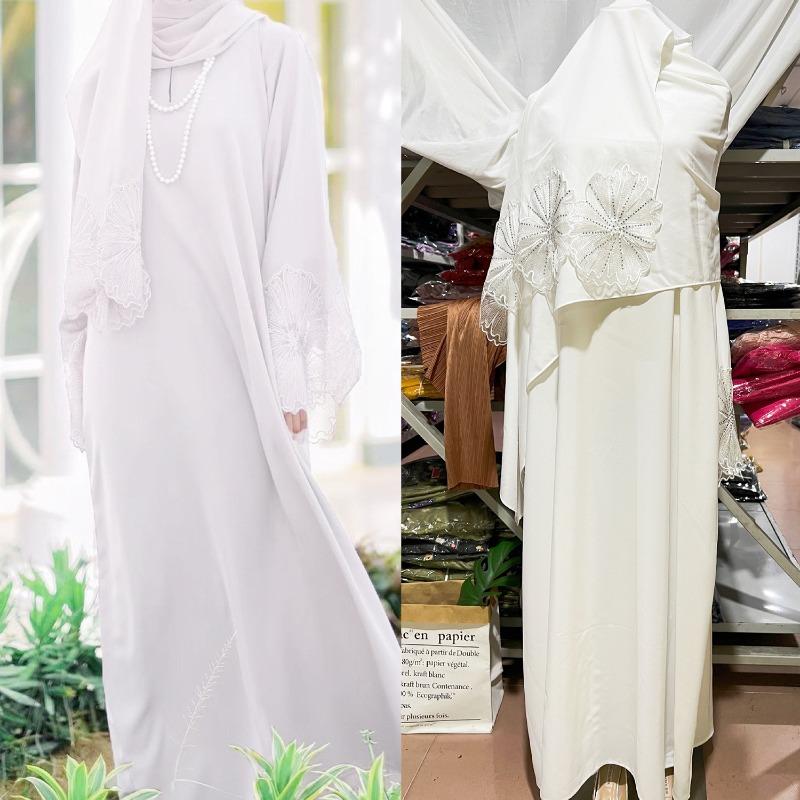 Spot Women s Hot Diamond Lace Sleeve Women s Long Dress South East Asia Malay Dress with Headscarf S белый