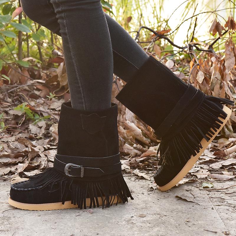 2022 Herbst Winter Europäisch Amerikanisch Übergröße Quaste Wadenmitte Flach Damen Lederstiefel
