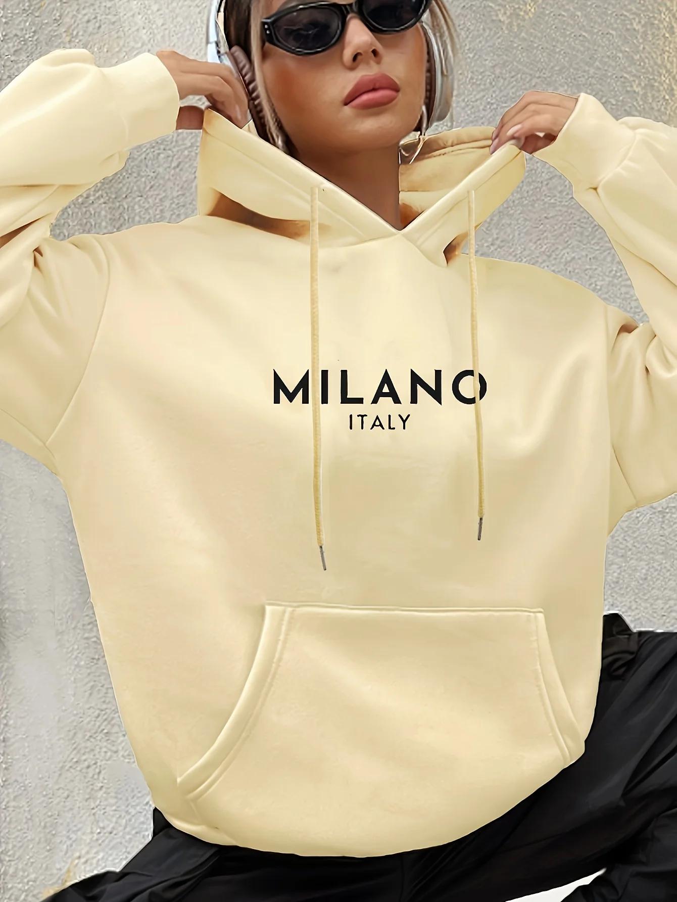 

Milan Italian Polyester Men s Hoodie 100% Knitted Fabric Letter Printed Casual Long Sleeve Sweatshirt with Pocket 3XL