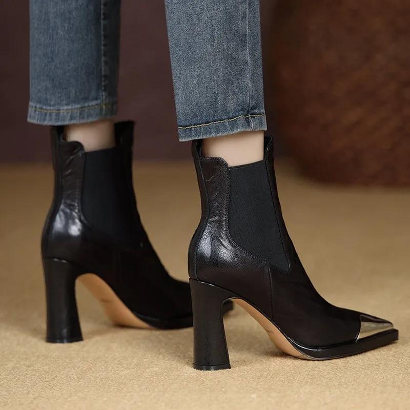 Shoes Women Lace Up Genuine Leather High Heel Pumps Female Low Top Metal Pointed Toe Wedding Party Ankle Boots Casual Shoes