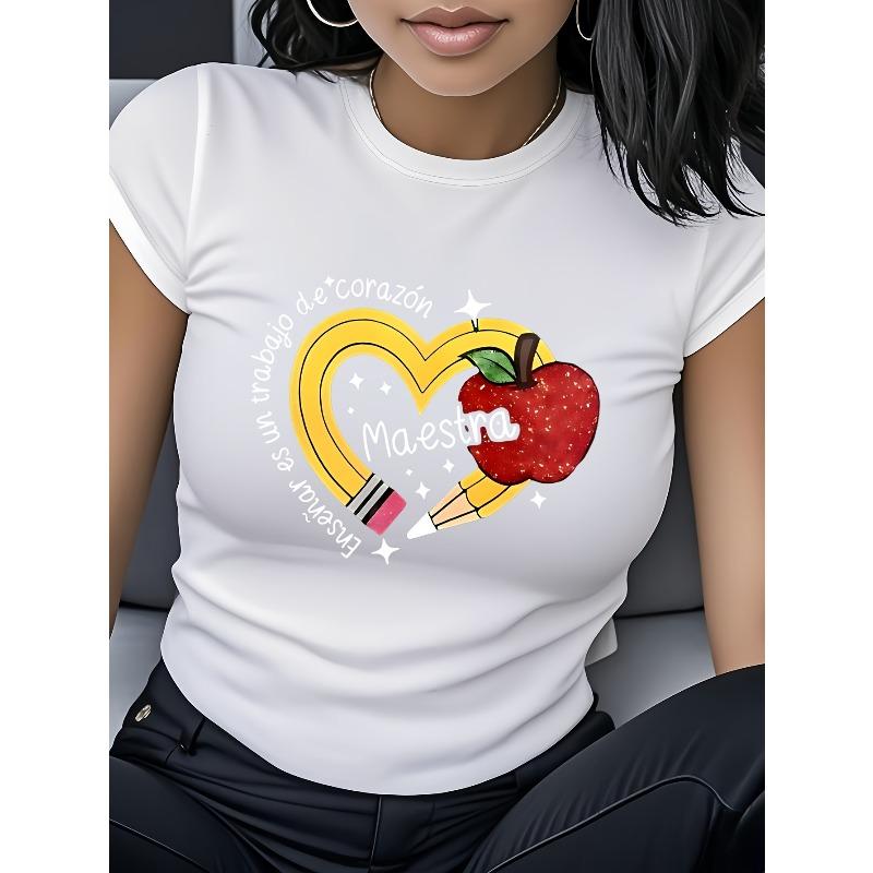 

Women Apple Print Tee Crew Neck Short Sleeve Casual Top S чёрный