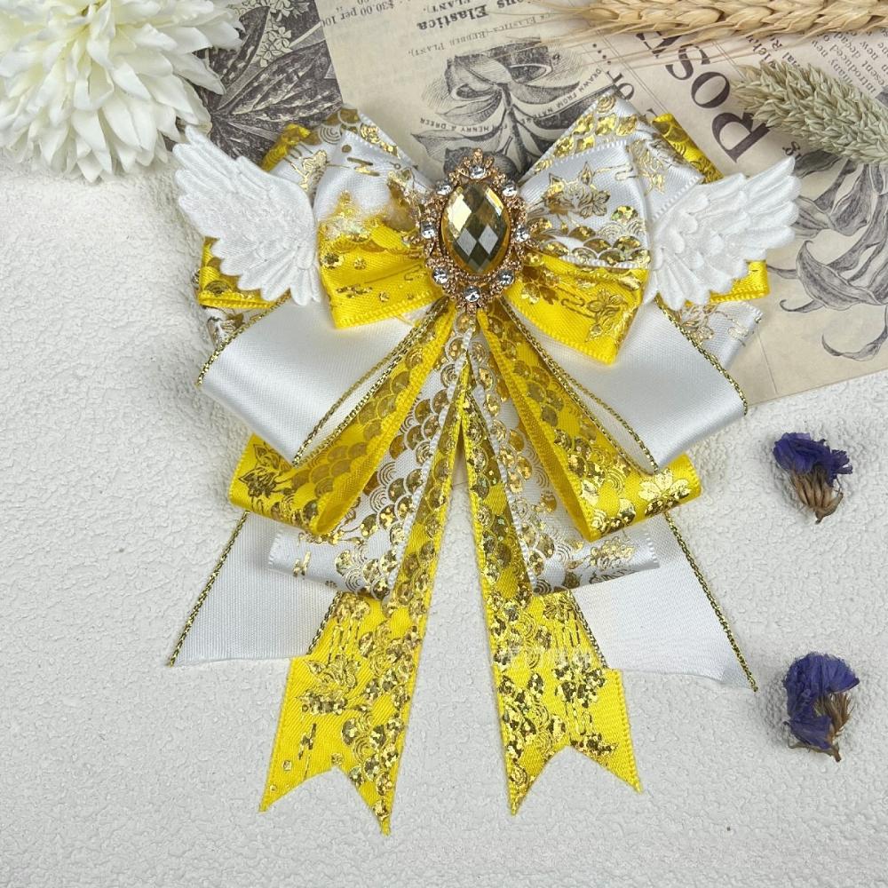 New Cosplay Lolita Fabric Bow Brooches for Women Handmade Jewelry Angel Wings Crystal Shirt Collar Pin Vintage Accessories