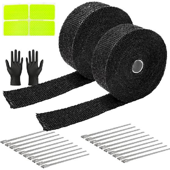 Exhaust Heat Wrap Roll 2" X 16' Black Fiberglass Heat Shield Tape 1 Rolls 5Cm X 5M With 10Pcs Stainless Ties For Motorcycle Car Truck