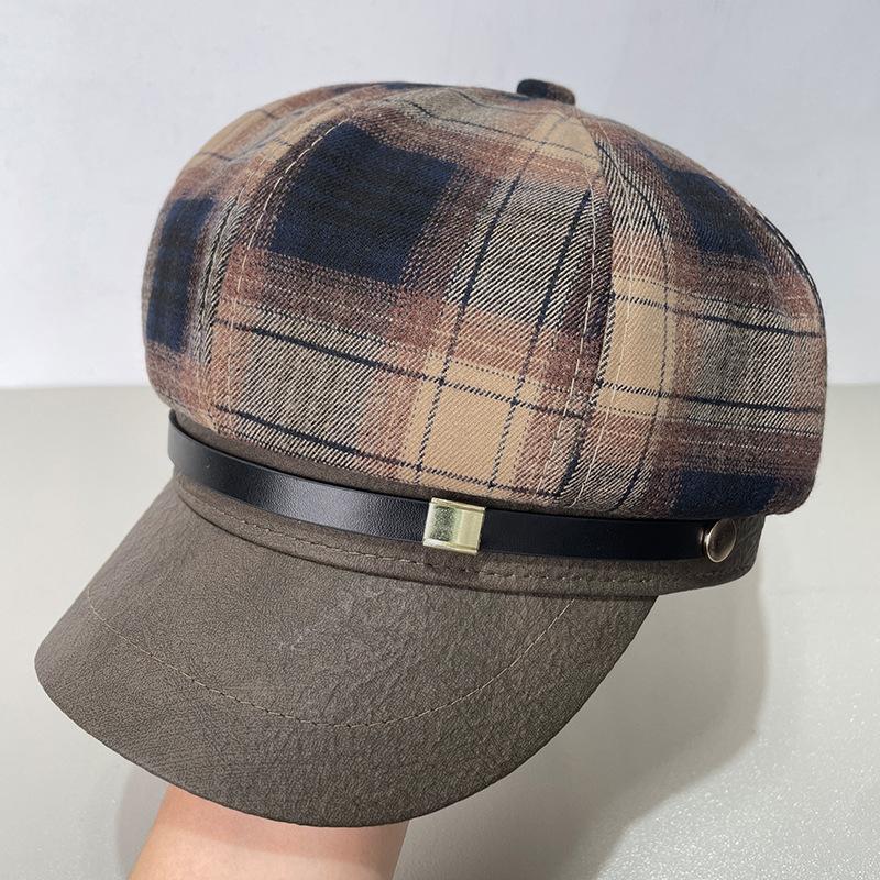 

Клетчатая восьмиугольная кепка «Утиный нос» для женщин на осень и зиму, солнцезащитная, показывающая лицо, кепка газетчика, универсальная, в британском стиле, универсальный берет One Size