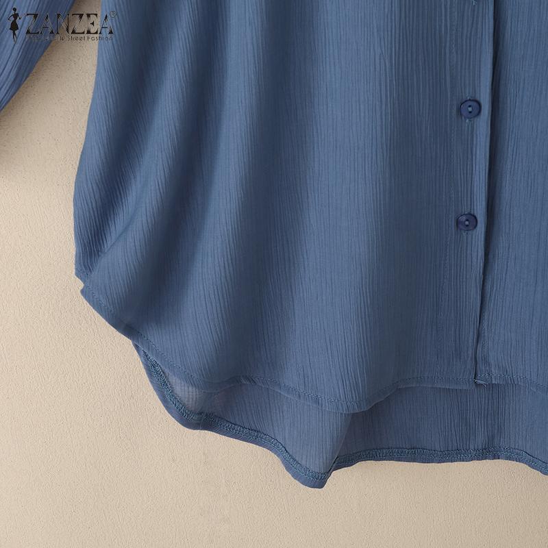 ZANZEA Dame Casual Rund Hals Ensfarget Løs Langermet Bluse