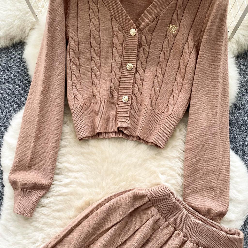 Móda Podzimní Pletený Twist Svetr Dívčí outfity Preppy Styl Dámské Single Breasted Coat Jacket+ Mini plisovaná sukně Sada dvou kusů