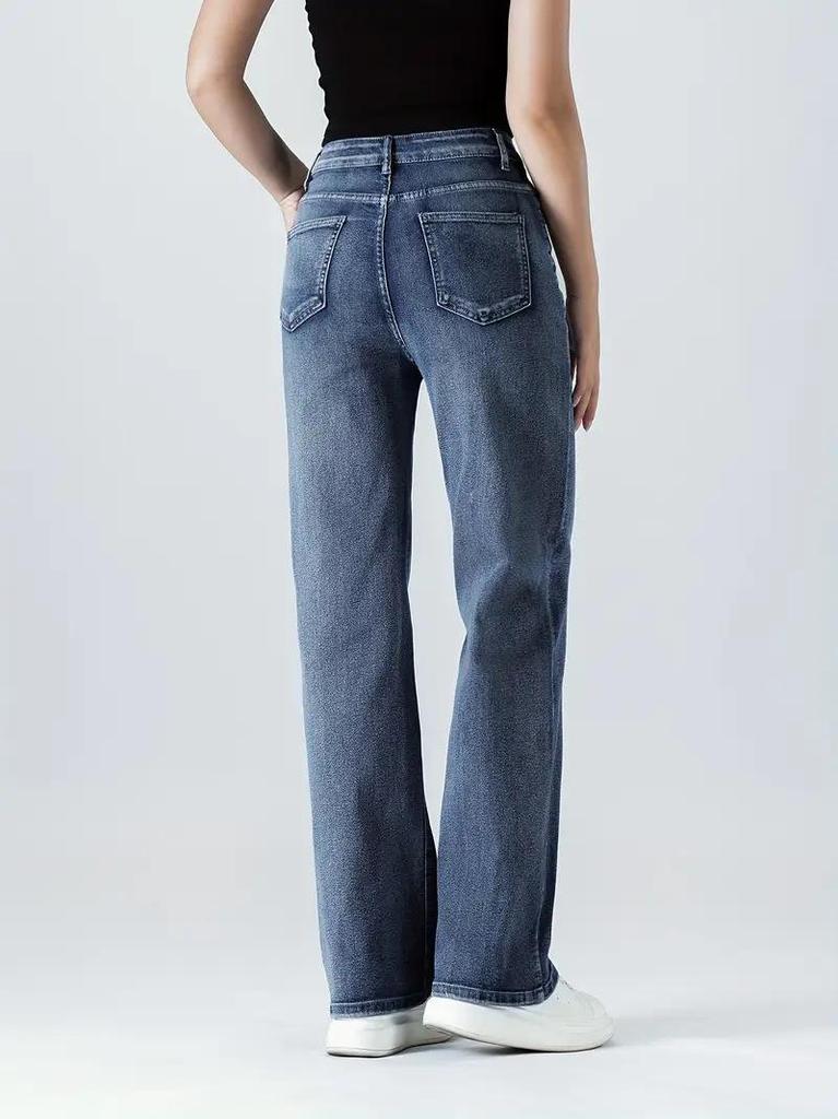 Black Washed Elastic Straight-Leg Women's Jeans