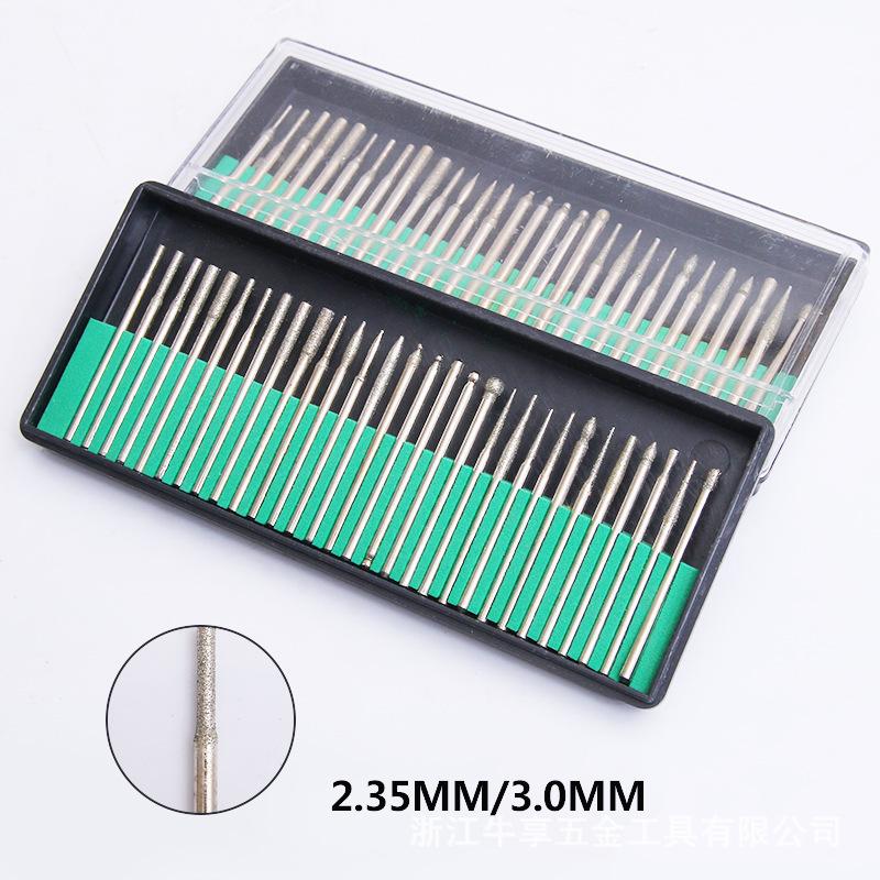

30PCS Алмазное шлифование Заусенец Игла Точка Гравировка Резьба Полировка для стекла Нефритовый камень 2.35 / 3MM Сверло Роторный инструмент Набор Головка Круглый цилиндрический