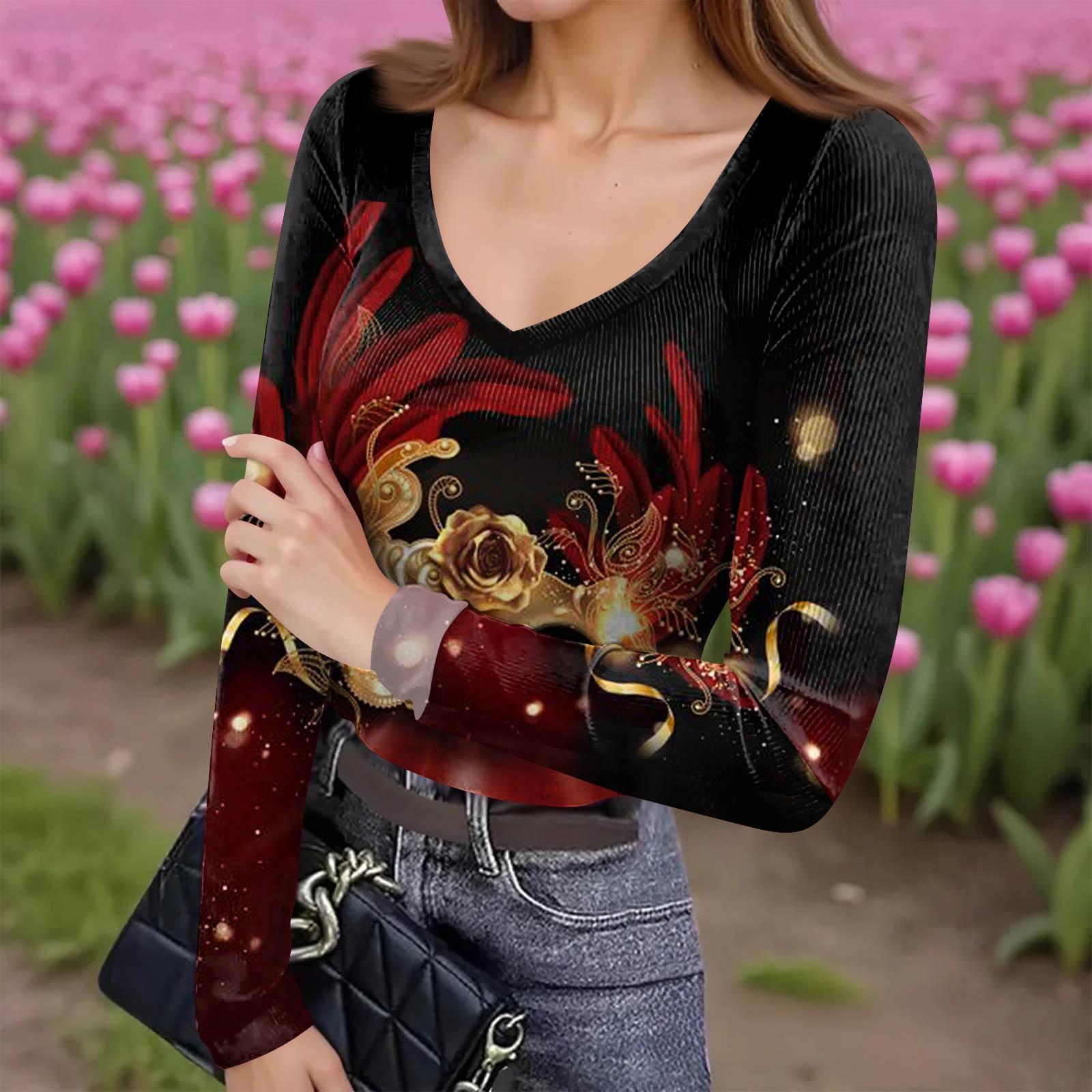 

Женская зимняя приталенная футболка-базовый слой, модный принт, V-образный вырез, пуловер, топ с длинным рукавом S винный