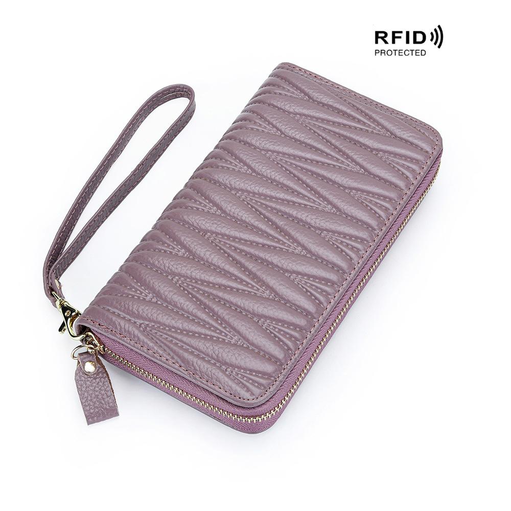 

Кошельки женские из натуральной кожи, первый слой из коровьей кожи, стеганый, плиссированный, длинный кошелек, RFID, противоугонный кошелек, вместительный держатель для карт, клатч светло-фиолетовый