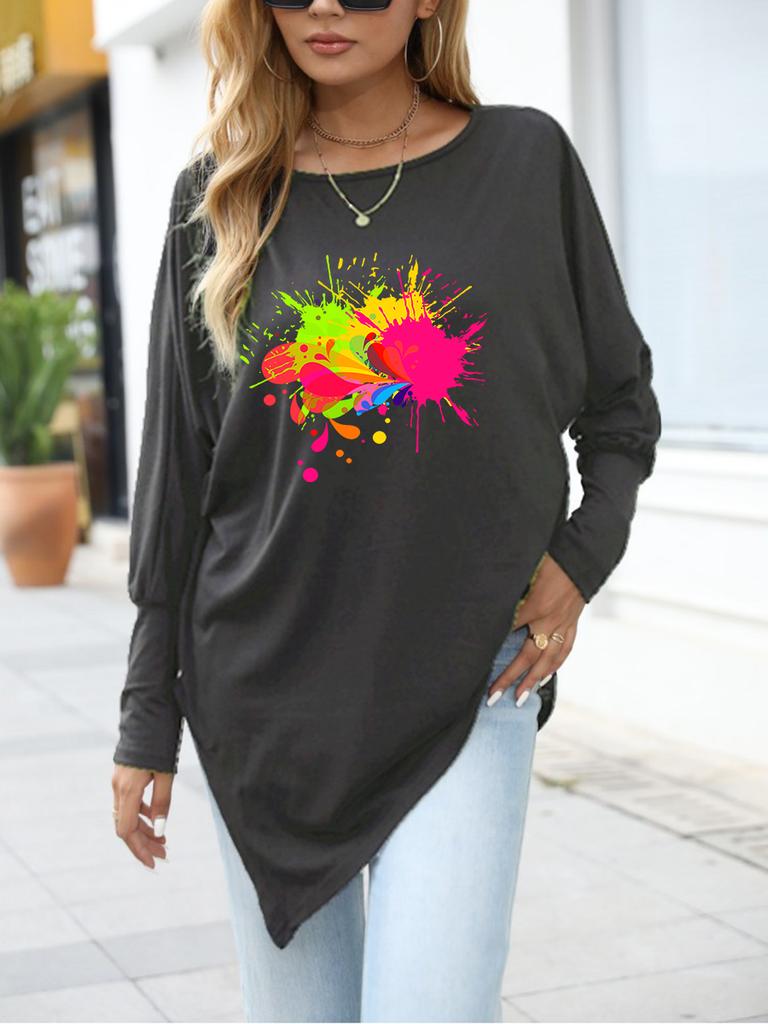 Women's Oversize Long-Sleeve Spring/Fall Asymmetrical Hem T-Shirt Fashion Printed Logn Sleeve Top