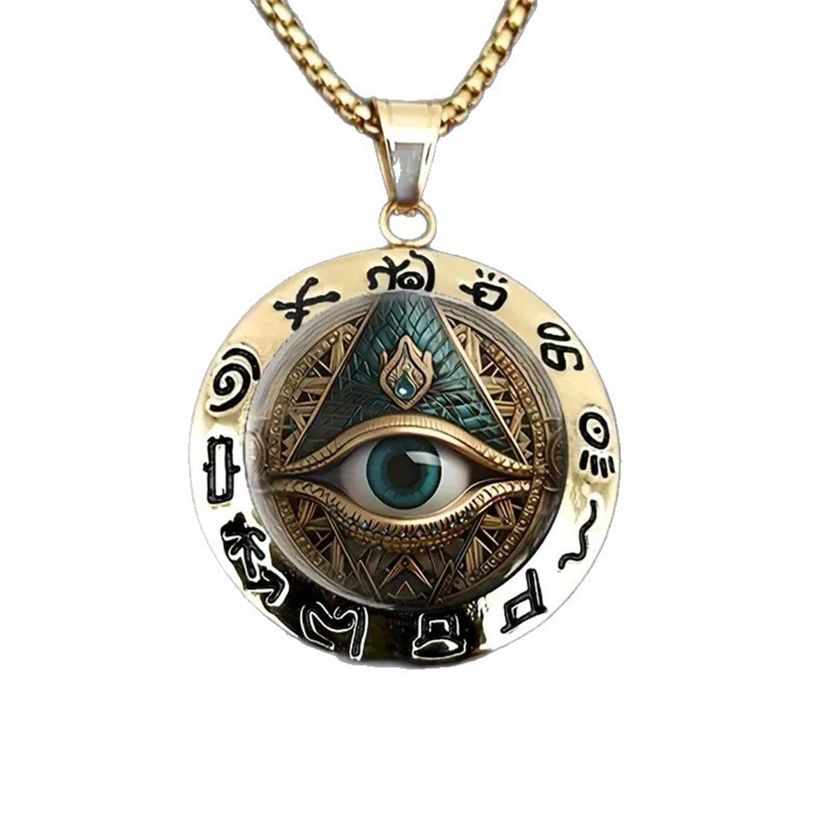 Talisman égyptien ancien: Pendentif Œil en Verre et Alliage de Zinc Hiéroglyphique, Collier Statement Style Artefact.