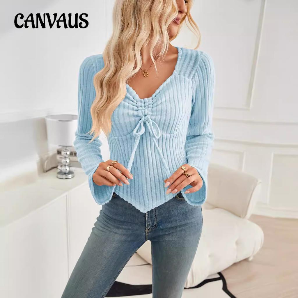 Podzimní dámský top nadměrné velikosti s rozšířenými rukávy, výstřihem do V, stahovací šňůrkou, dlouhým rukávem a proužkem v podpaží.