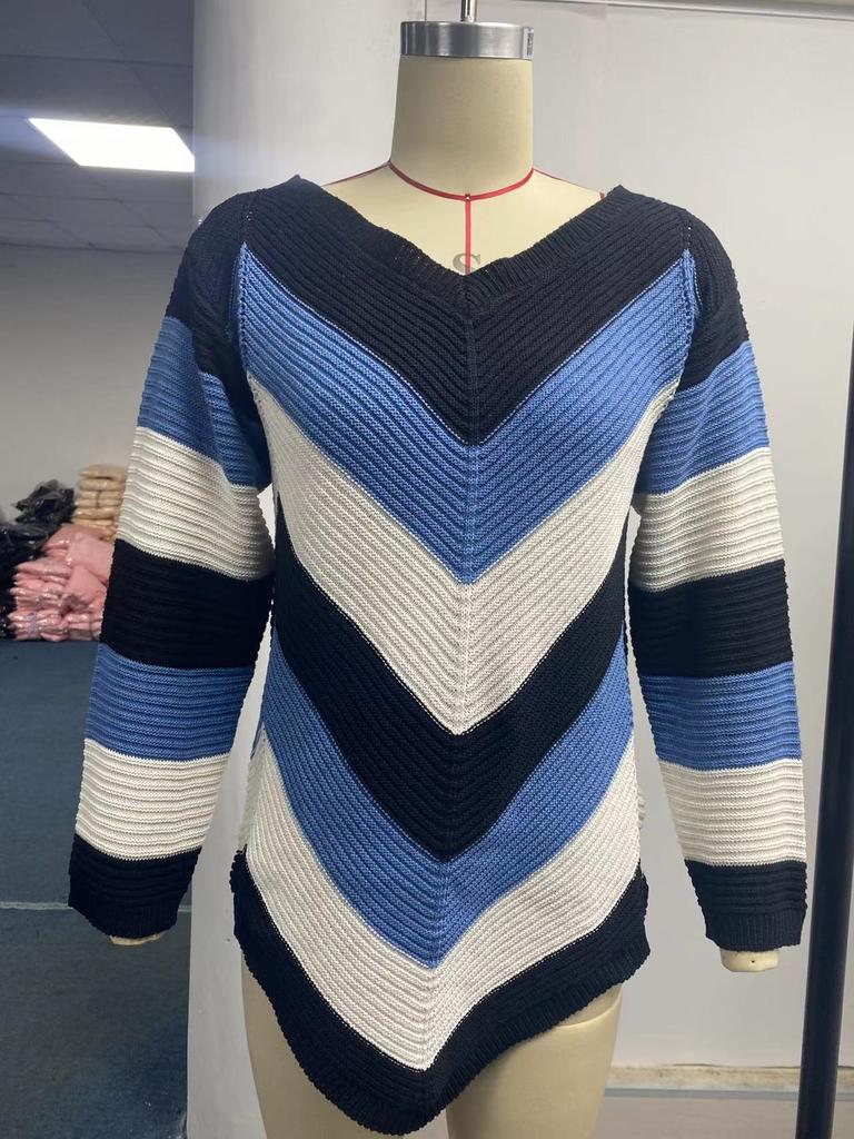 Frauen Mode Lässig Sexy Langarm Streifen Farbe Off Schulter Pullover Lose Zopfmuster Pullover Tops