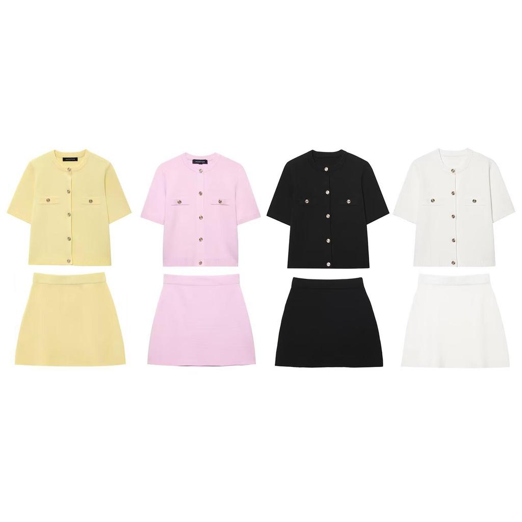 Spring 2025 Women's European & American Style Short Sleeve Knit Top & Midi Skirt Set