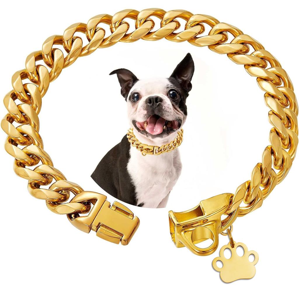 Hochbelastbares Hundekettenhalsband mit Hundepfotenanhänger 15 mm breit Edelstahl Metall Kubanische Gliederkette Halsband für kleine mittelgroße Hunde