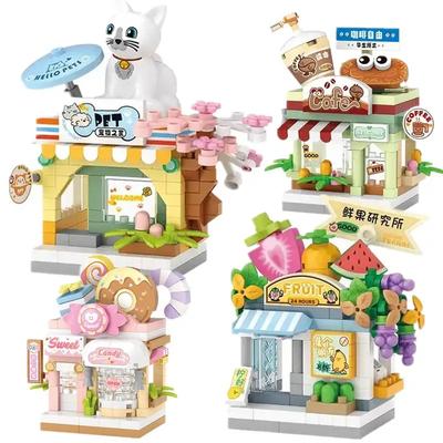 DIY Cute Restaurant Dessert Pet Fruit Store Street View Food House Building Blocks Kit Bricks Model For Kids Toy Girl Boy Gifts