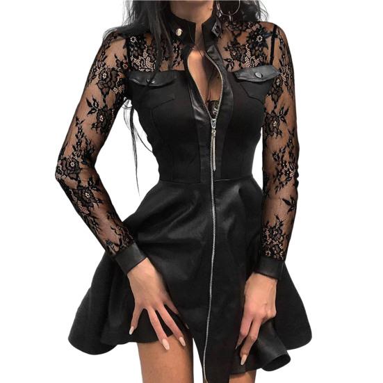 Clubkleid Durchsichtig Spitze Blumenstickerei A-Linie Großer Saum Slim Fit Stehkragen Über Knie Langärmlig Lockerer Saum Mini-Kleid für Dates