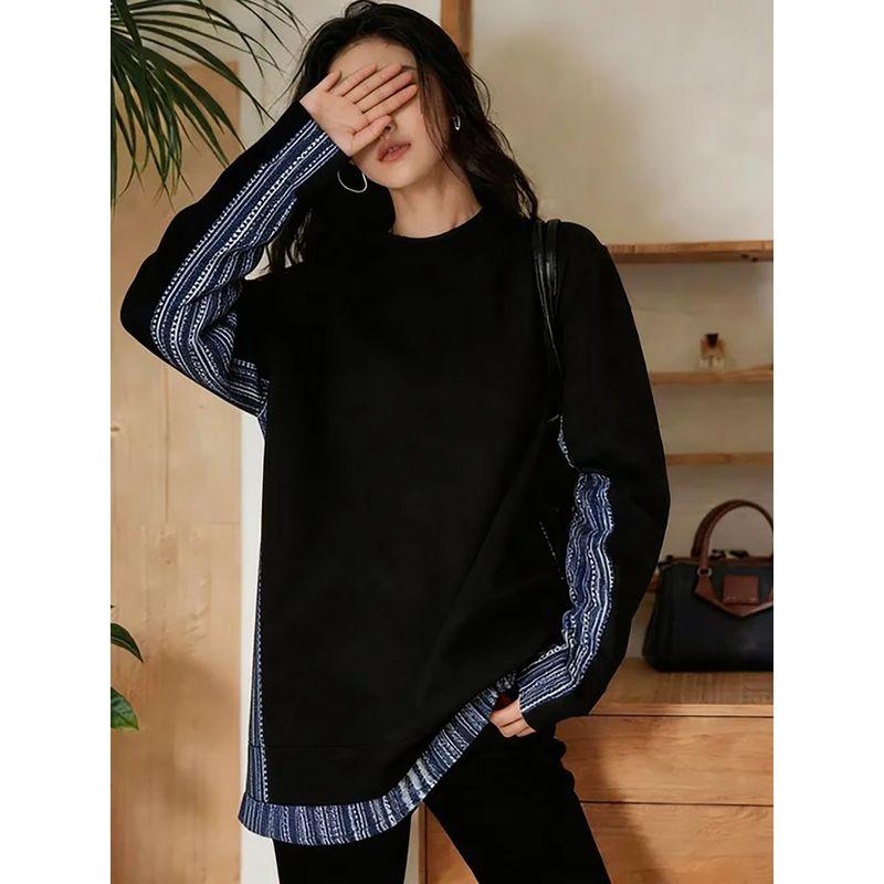 Body Shape, Contrasting Color Patchwork Mid-Length Sweatshirt for Women, New Spring Style, Relaxed and Slimming Top for Slightly Chubby Figures