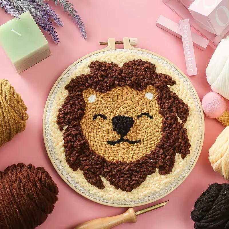 DIY Punch Needle Kits for Beginners Cute Cartoon Cow with Daisy Flower with Hoop Punch Needle Starter Craft Embroidery Set