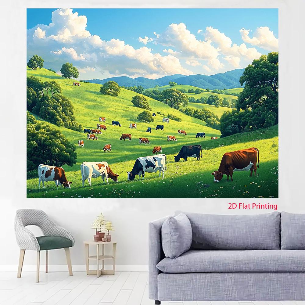 2D plane, 1 picture of a herd of cows leisurely walking in a green field,suitable for photography decoration and festive parties