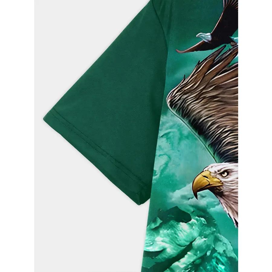 Mens Vintage Eagle Graphic Print T-Shirt - Crew Neck, Short Sleeve, Slight Stretch, Polyester, Regular Fit, Summer Outdoor Tee - Animal Pattern