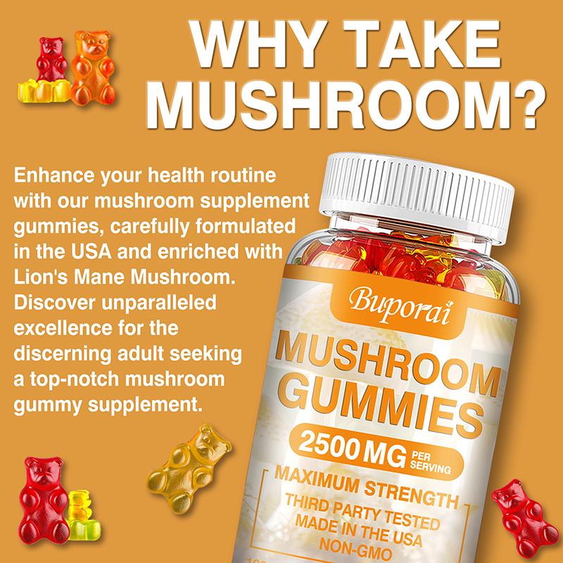 Mushroom Gummies Containing a Mixture of Hericium Erinaceus, Cordyceps Sinensis, and Ganoderma Lucidum To Boost Energy; Vegan.