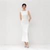 Abito da donna midi elegante, senza maniche, con scollo a barca, vestibilità aderente, vita arricciata, spacco, bodycon