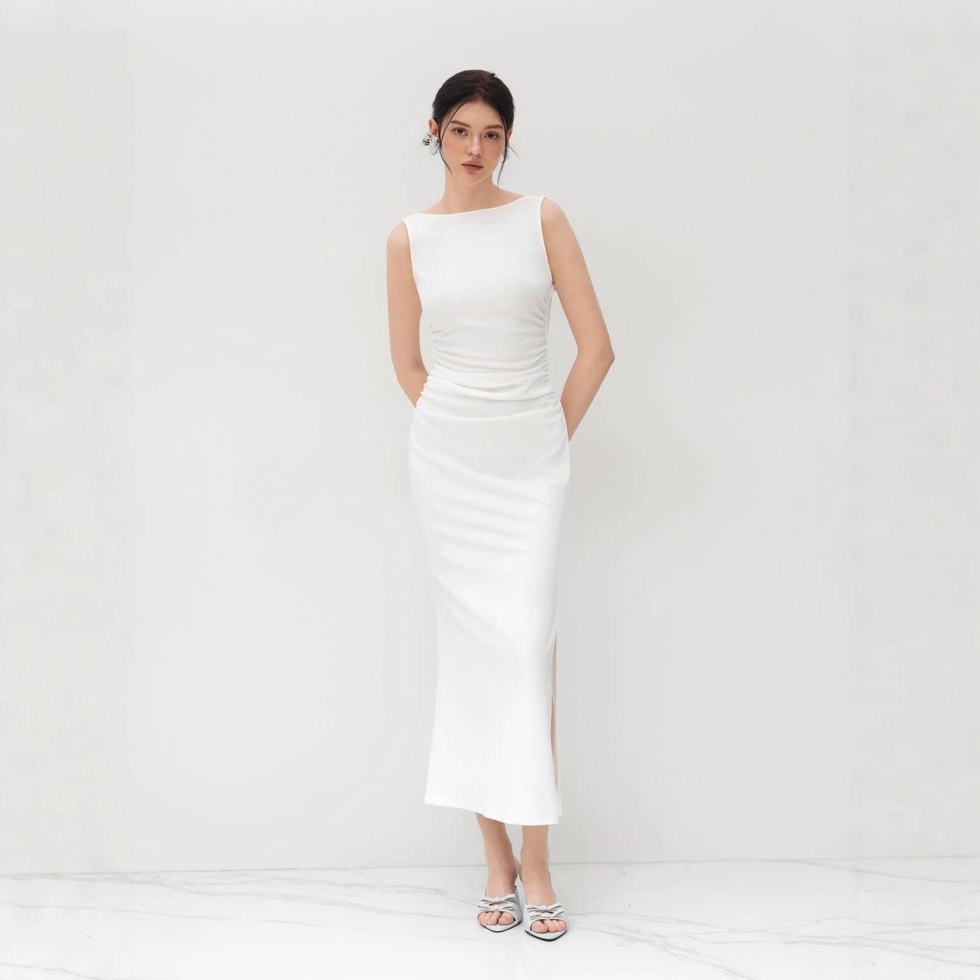 women s Boat Neck Sleeveless Slim Fit Midi Dress Elegant Waist Ruched Split Bodycon Gown S