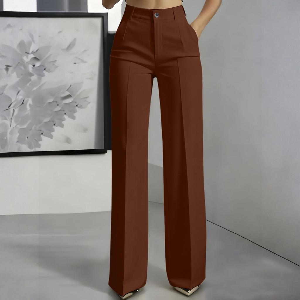 High Waist Wide Leg Hose für Damen Klassische Gerade geschnittene Business Casual Hose mit Taschen und Knopfleiste