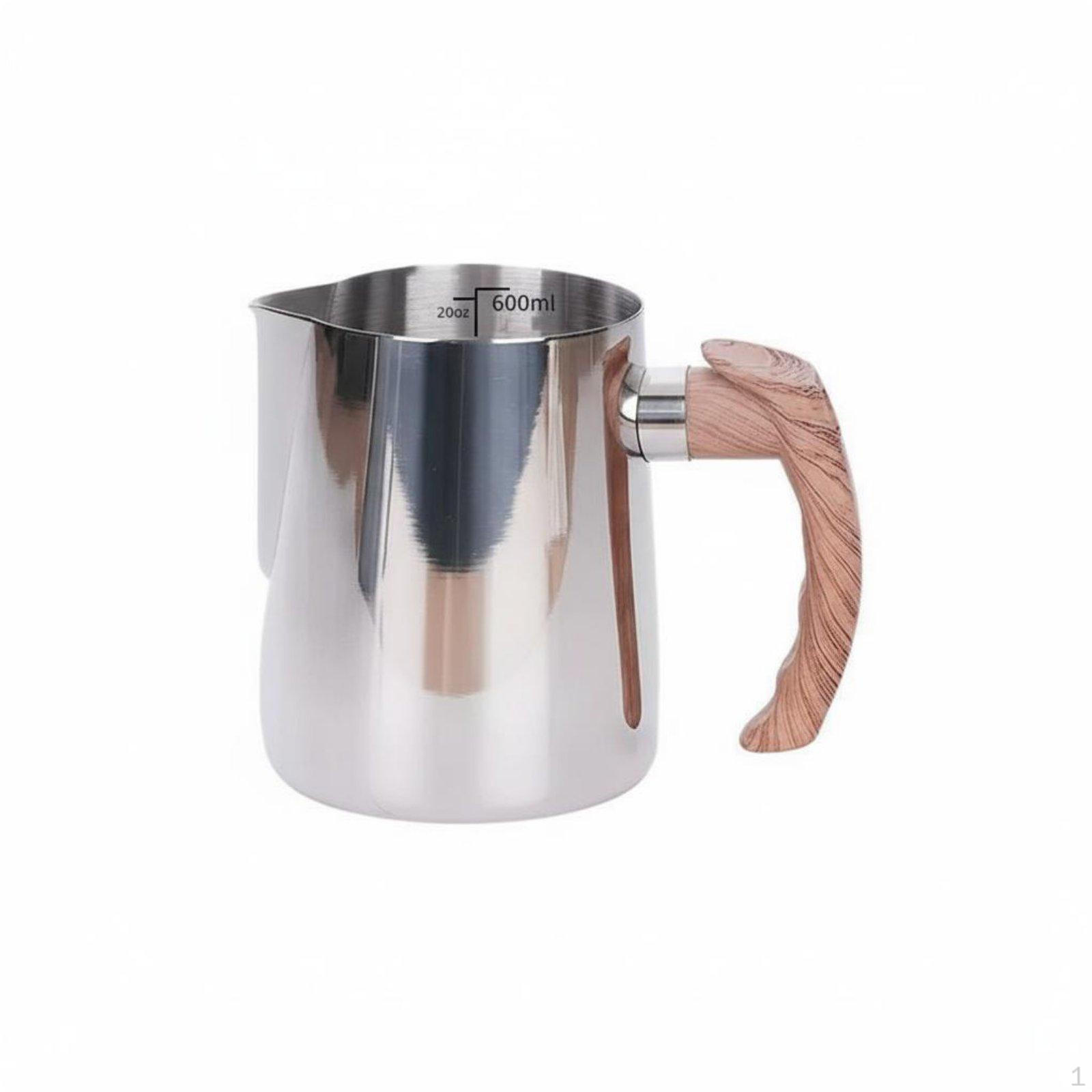 Pitcher Jug Latte Art Cup with Wooden Handle Stainless Steel Steaming Container Suitable for Coffee Silver 600ML