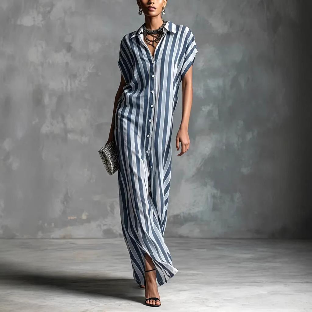 European and American Independent Station Cross-border Fashion Loose Lapel Long Striped Summer Popular Short Sleeve Women's Shirt Dress
