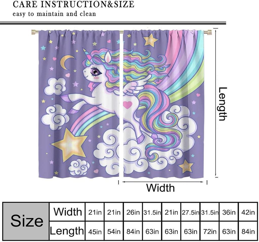 Kids Unicorn Curtains Purple Cartoon Rainbow Room Boys Girls Baby Decor Living Blackout Made Of Polyester Window Treatment
