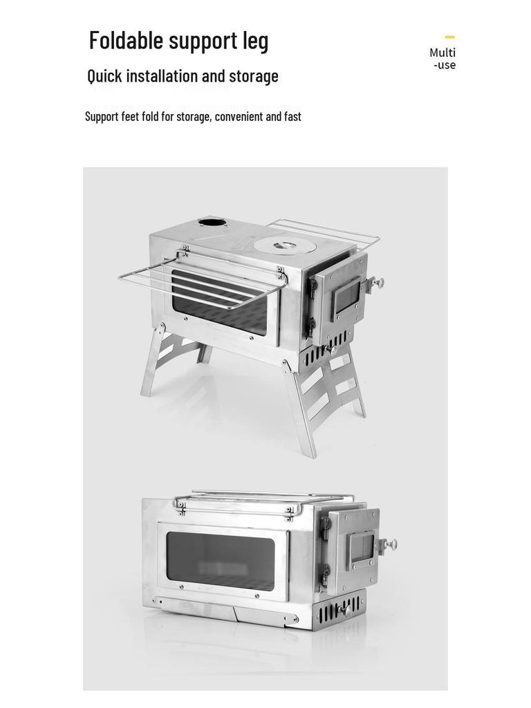 Portable Windproof Outdoor Stainless Steel Wood and Charcoal Camping Stove with Glass Heater and Grill
