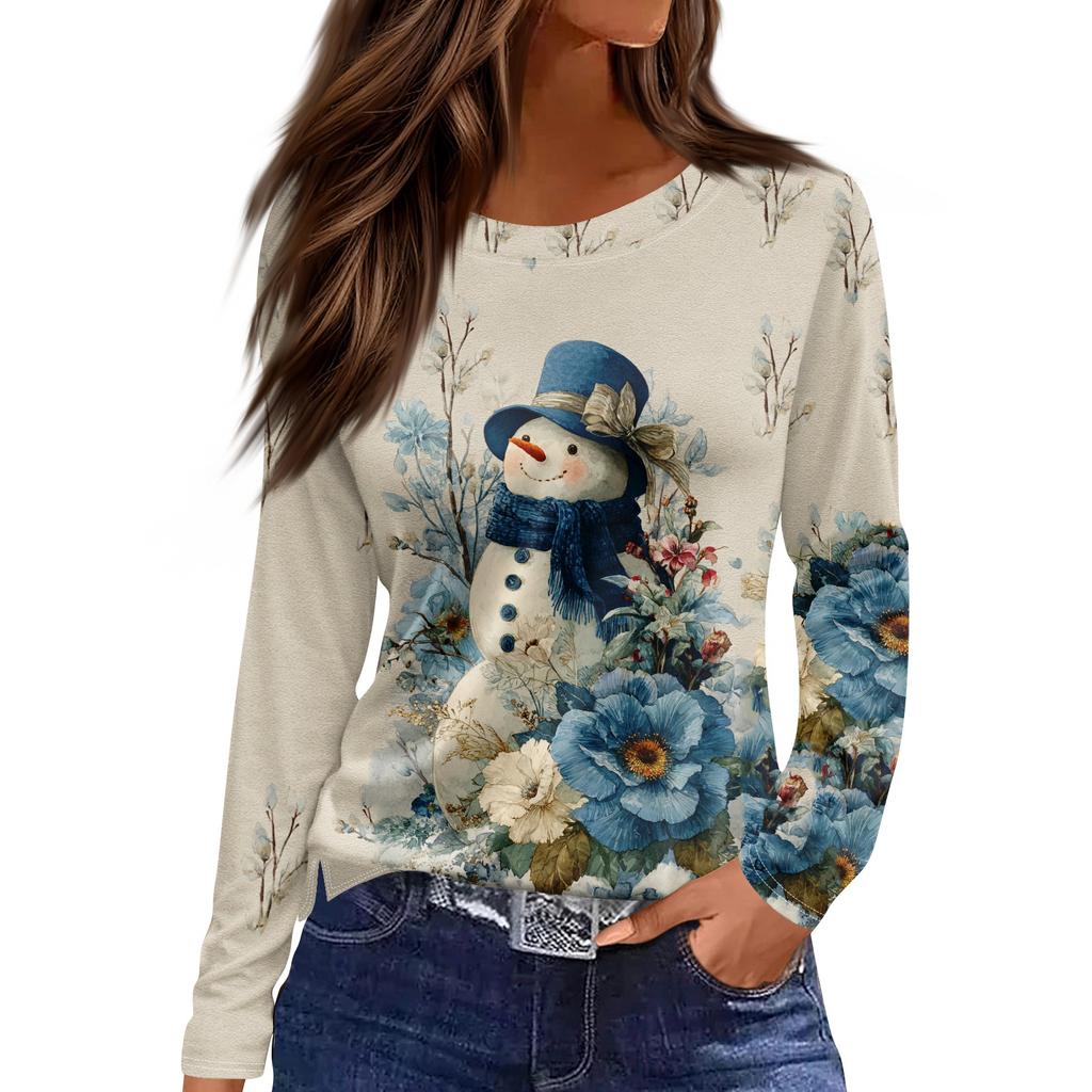 Dame Mote Casual Slitt Kant Rund Hals Langermet Løs Trykket T-skjorte Topp